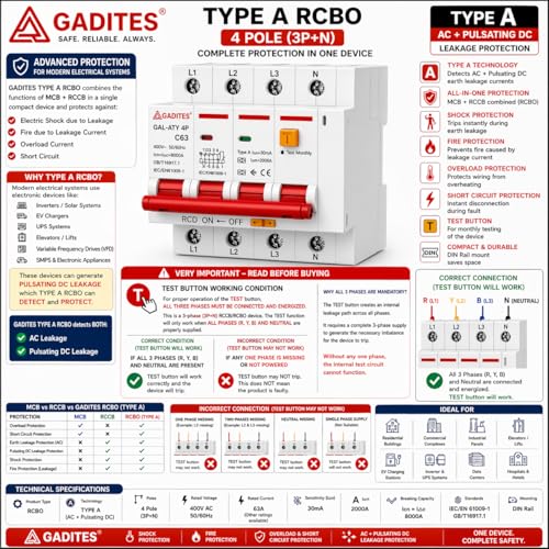 Image of RCBO 4 Pole TYPE A 63A 30mA | 3 Phase + Neutral Residual Current Circuit Breaker with Overload & Short Circuit Protection | AC + DC Leakage | DIN Rail Mount (3 PHASE 63AMPS)