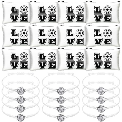 Sweetude 24 Pcs Soccer Gifts Bulk, 12 Adjustable Bracelets and 12 Makeup Bags, Soccer Accessories Gift Bag Stuffers for Team Girls Players Travel Charms Birthday Party Favors Supplies Prize(White)