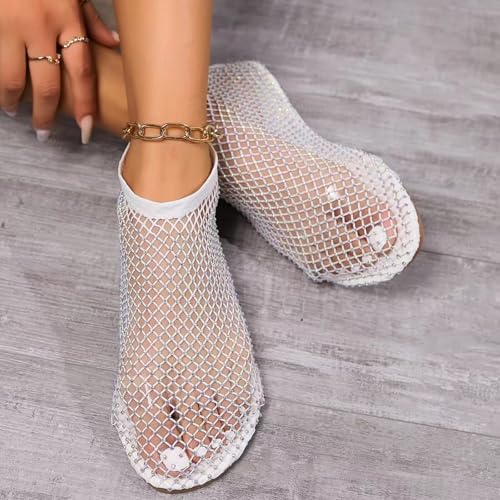 Image of Mesh Ballet Flats Round Toe Shiny Gem Mesh Flats Rhinestone Short Boots Sexy Sandals Cutout Sparkly Comfortable Beach Casual Dress Flats for Women