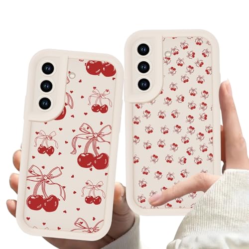 Zrutru 2 Pack Cherry Phone Case for Samsung Galaxy S21 6.2',Cute Aesthetic Cases Kawaii Bow Design Pattern Cover for Girls Women,Beige Soft Anti-Scratch Shockproof Protection Funda for Samsung S21