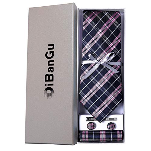 Image of DiBanGu Plaid Ties for Men Silk Checkered Necktie and Pocket Square Cufflinks Tie Clip Set with Gift Box for Wedding Business