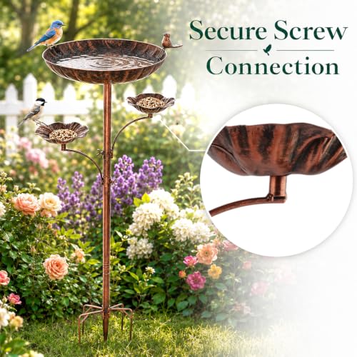 Image of Metal Bird Bath for Outside, Triple Birdbath Feeder Bowl for Outdoor | 11.8in Top+5.5in Side Bowls,Metal With Powder Coat,4-Claw Ground Stake,Tool-Free Assembly;For Garden,Patio,Yard
