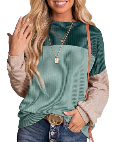 OLIPHEE Sudadera sin Capucha para Mujer Sudadera Patchwork Colores Sudadera Acanalada Cuello Redondo Jersey Mujer Camisetas de Manga Larga Sudadera Mujer Casual Otoño Invierno Verde L