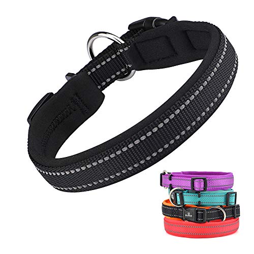 Soft Dog Collar Neoprene Padded Reflective Pet Collar Adjustable Breathable Large Small Dog Collars Lightweight Puppy Collar with Dog Light for Walking/Training - Black - S