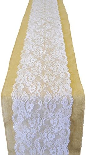 AK TRADING CO. Burlap & Lace Table Runner with 9" Floral Lace, Rustic Natural Burlap 12" Wide (Black Lace, 12"x84")