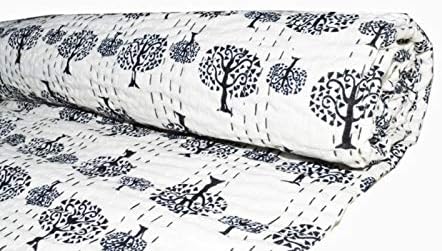 YUVANCRAFTS Hand Block Print Kantha Quilt Pure Cotton Traditional Bagru Print Kantha Quilt Queen Blanket Bedspreads Throw