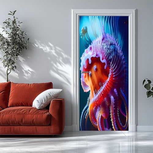Pegatinas 3D para Puertas de Interior Animal misterioso Azul Mural de Puerta Autoadhesivo, Extraíble, para Dormitorio, Sala de Estar, decoración del Hogar, 80 X 200 Cm