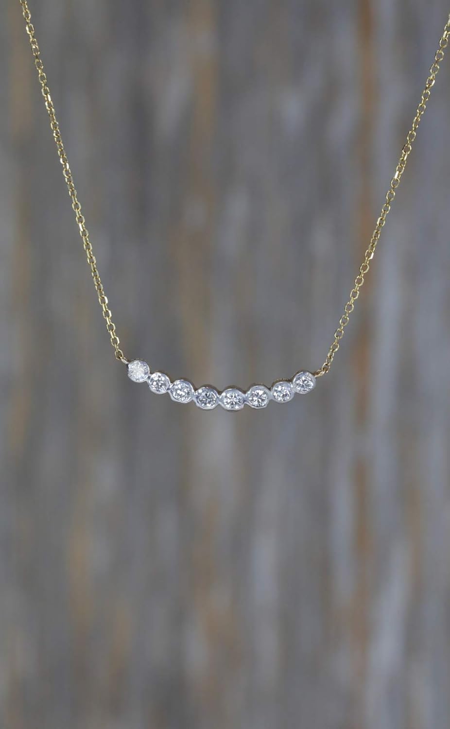 14k Gold Curved Diamond Bar Necklace- Bezel Set Brilliant Cut Diamonds- Women's Fine Jewelry Gift idea- Anniversary- Wedding - Image 2