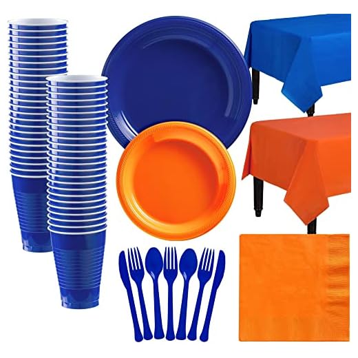Party City Royal Blue and Orange Plastic Tableware Party Supplies for 50 Guests, 487 Pieces, Includes Plates, Napkins, and Utensils