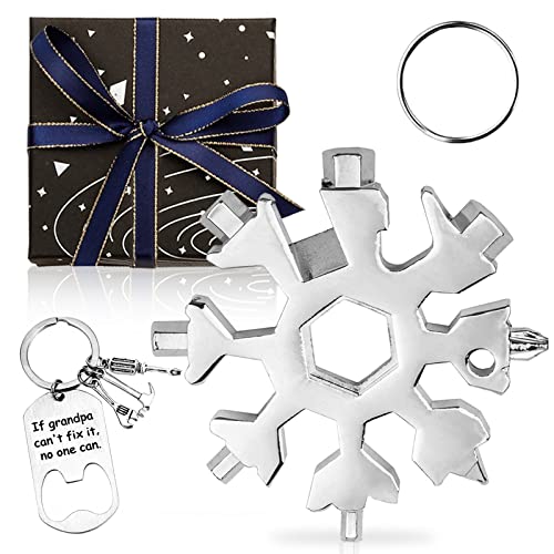 AMANMAN Outil Multifonction Flocon de Neige 18 en 1 Cadeau Homme Cadeau Fete Des Peres Tournevis Ouvre Bouteille en acier inoxydable avec Porte-clés Boîte-cadeau pour Voyages Quotidien Camping(Argent) Cover