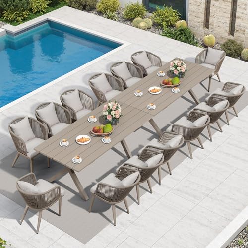 Image of PURPLE LEAF 16 Pieces Patio Dining Set Wicker Outdoor Furniture Rectangular Table and Chairs Set for Garden Deck Aluminum Frame Backyard Kitchen Set, Cushions and Pillows Included Champagne
