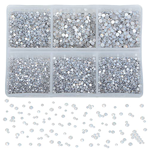 Image of 7200 Pieces Nail Rhinestones, Non-Magnetic Round Glue, Flat Crystal Crystals, for Jewelry Making with a Pen of Your Choice (6 Sizes, 7200 Pieces, White Opal)