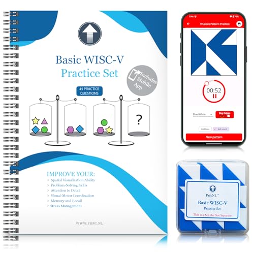 PrfcNL Kit de pratique WISC-V de base - 45 questions d'entraînement, avec 9 cubes bleus et blancs et application mobile, idéal pour l'initiation aux tests de QI, la...