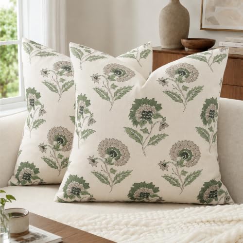DKwizme Vintage Throw Pillow Covers 24x24 Set of 2, Cotton Floral Pillow Cover Botanical Patterned Decorative Cushion Covers Modern Farmhouse Home Decor for Sofa Couch Bed Living Room, Sage Garden