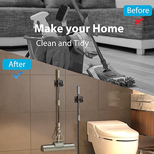 Image of homeasy Broom Holder Wall Mount 6Pcs, Self Adhesive Mop Broom Hanger Black | Self adhesive stainless steel broom organizer with 4 hooks, holds mops, brooms and garden tools without drilling