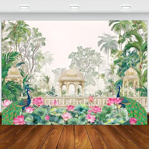 Image of Peacock Lotus Decorations Backdrop, India Wedding Peacock Party Props Banner, Lohari, Housewarming Pooja, Temple Diwali Wall Decor Fabric Photography Background 8X6FT
