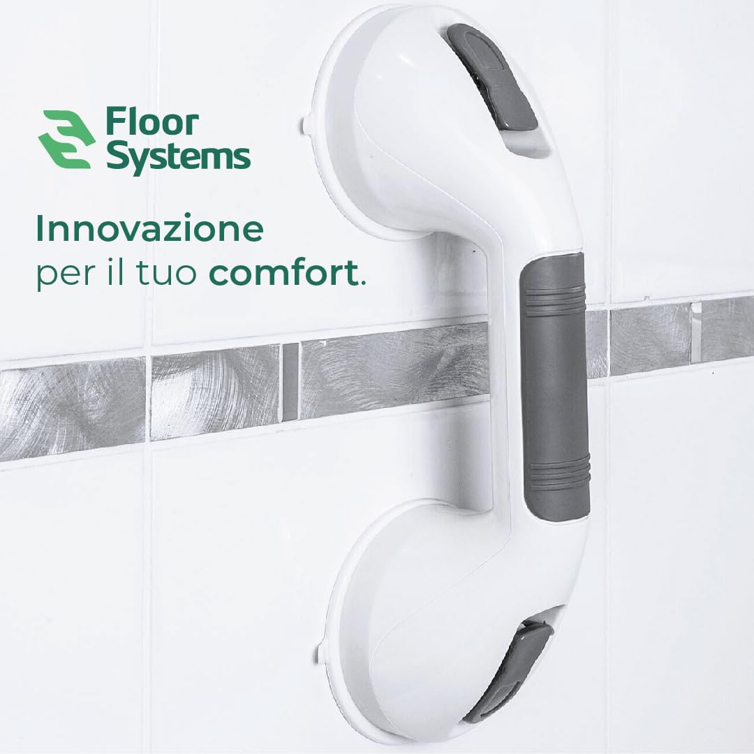 FLOOR SYSTEMS Maniglia Doccia Anziani con Indicatori di Sicurezza Ultra Resistente - Solo su Superfici Lisce - Maniglia Ventosa per Bagno - Ventose per Vetro e Piastrelle - 2 maniglie con omaggio