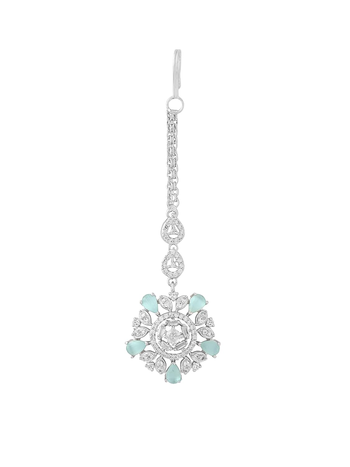 Yellow Chimes Silver Plated Luxury Sea Green Color AD Studded Penta Shape Design Handcrafted Maang Tika For Women & Girls