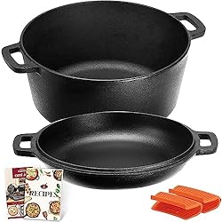 Ollas Y Cacerolas Hierro Fundido Overmont Olla Holandesa 4.73 L/ 5 Quart Cacerola de Hierro Fundido Tapa de Doble Función Sartén Plancha Pre Sazonado con Cubiertas de Manijas para Camping Cocina Casera Barbacoa Hornear
