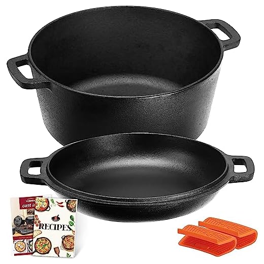 Overmont Olla Holandesa 4.73 L/ 5 Quart Cacerola de Hierro Fundido Tapa de Doble Función Sartén Plancha Pre Sazonado con Cubiertas de Manijas para Camping Cocina Casera Barbacoa Hornear