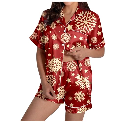 Generisch Conjunto de pijama para mujer, diseño navideño, de satén, manga corta, ropa de dormir festiva cómoda, Rojo sandía, XL