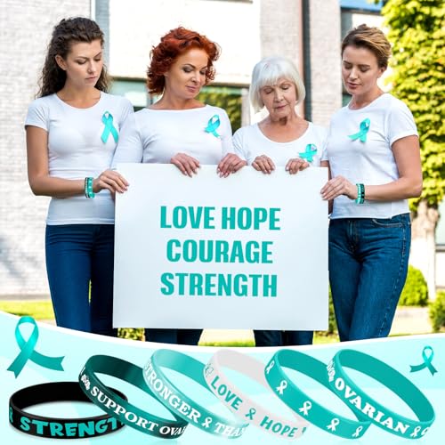 Image of Landical 300 Pcs Ovarian Cancer Awareness Silicone Bracelets Teal Ribbon Motivational Rubber Wristbands Colored Ovarian Cancer Awareness Wristbands for Event Support Charity Supplies Favor
