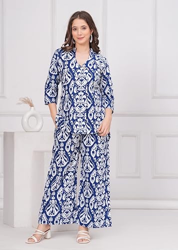 Image of Women's Pure Cotton Co-Ord Set | Three-Quarter Sleeves-Mandarin Collar Top & Palazzos | Printed Casual Wear Co-Ord Set for Women