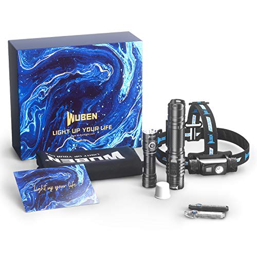 WUBEN LED lampe de poche kit de lampe frontale pack cadeau (TO40R, H1, E05, G1, sac en toile, diffuseur) USB rechargeable étanche pour hommes, amateurs de plein air