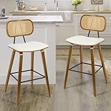 Counter Height Bar Stools Set of 2, Mid Century Modern Counter Stools, 26' Wood Kitchen Stool PU Leather Upholstered Barstool with Rattan Back, Counter Height Island Dining Bar Chair, Cream White