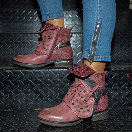 Lala Ikai Women Motorcycle Boots Combat Ankle Combat Boots With Studded Low Block Heels Biker Shoes #TOP1