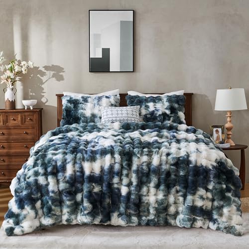 Image of Wonderful - 3 Pieces Faux Rabbit Fur Comforter Set Queen Size, Teal Tie Dye Plush Bedding Set, 3D Sculpted Bubble Warm Fluffy Comforter for Winter