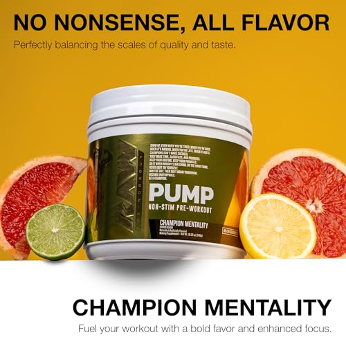 Image of RAW Pump Stim Free Pre Workout (Champion Mentality) - Non-Stimulant Pre Workout Supplement Powder Nitric Oxide Booster - Pre Workout Supplements Drink for During Workout - 40 Servings