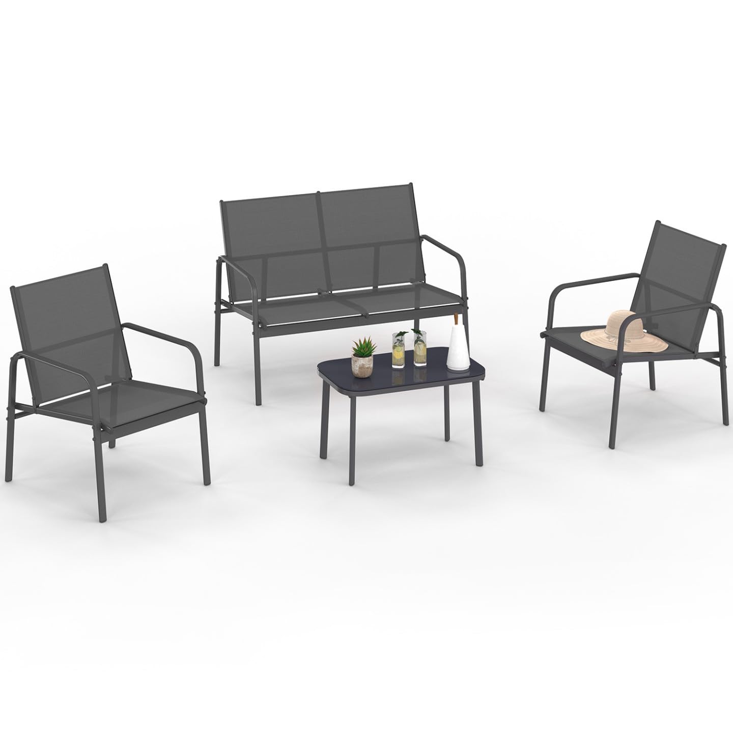 IDMarket - Salon de Jardin Bas TOLEDE 4 Places avec canapé, fauteuils et Table Gris Anthracite