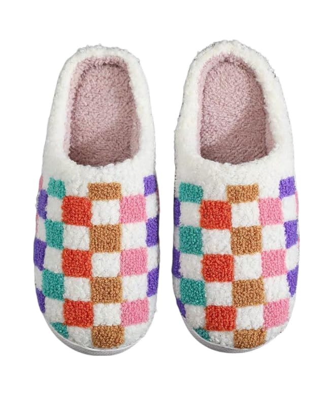 Checkered Slippers for Women Men House Slippers Funny Fluffy Slippers Winter Shoes Outdoor Indoor Warm Plush Bedroom Slippers