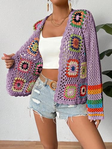 Image of SHENHE Women's Floral Crochet Cardigan Hollow Out Open Front Long Sleeve Cardigan Sweater