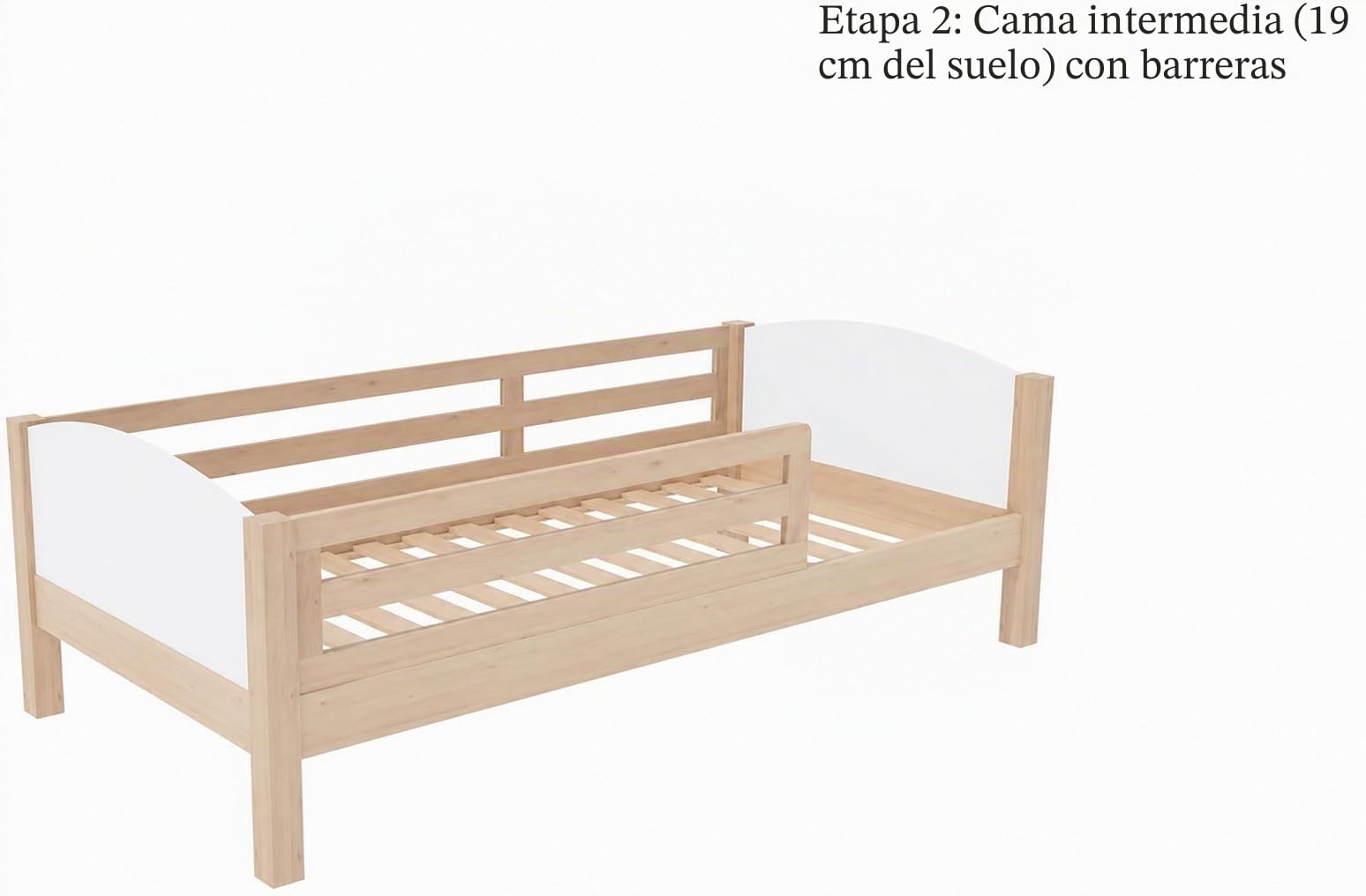 KONTARBOOR Cama Infantil Convertible 3 en 1 Madera – Altura del colchón Ajustable – Barandillas extraíbles – Inteligente y ECONÓMICA – Diseño de Madera Natural 90x190 cm.