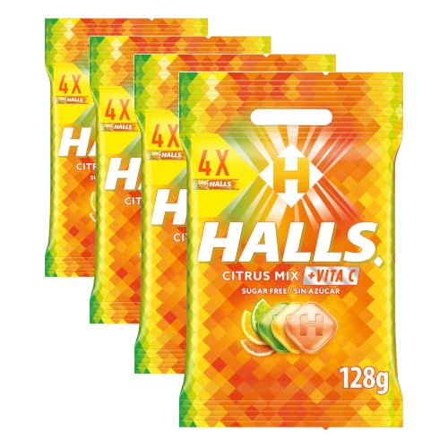 Halls Cítricos Mix Caramelos Duros Sabor Cítrico, 4 x 32g (Paquete de 4)