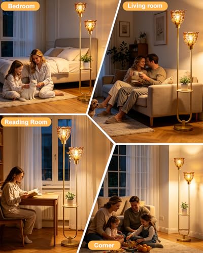 Image of Lightdot 2-Lights Glass Floor Lamp with Table Mid Century Modern Gold Standing Tall Lamps with Amber Glass Shade,LED Floor Lamp with Foot Switch for Living Room Bedroom Home Decor (Bulbs Included)