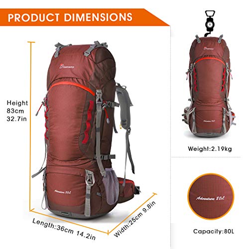 Mountaintop 80L Internal Frame Hiking Backpack For Man & Women Backpacking With Rain Cover Maroon #TOP1