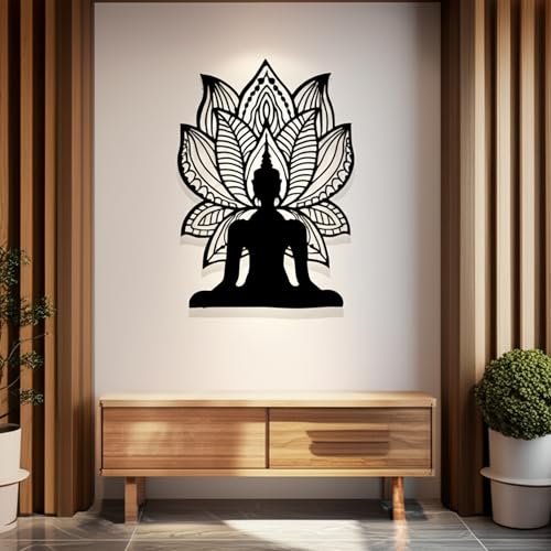 Image of METSY Mild Steel Black powercoated LED Buddha Wall Art with Lotus Design - Spiritual Metal Wall Decor for Home, Meditation Room & Office(91.5x65) CM