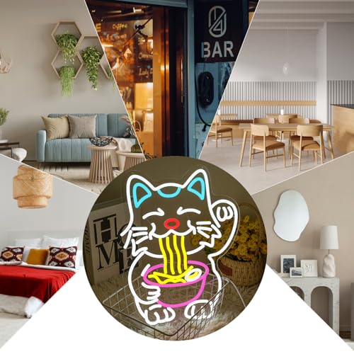 Image of Fortune Cat Ramen Neon Sign for Wall Decor, Dimmable Lucky Cat Neon Light, Japanese Noodles Led Signs for Restaurant, Kitchen, Home, Pub, Dinning Room