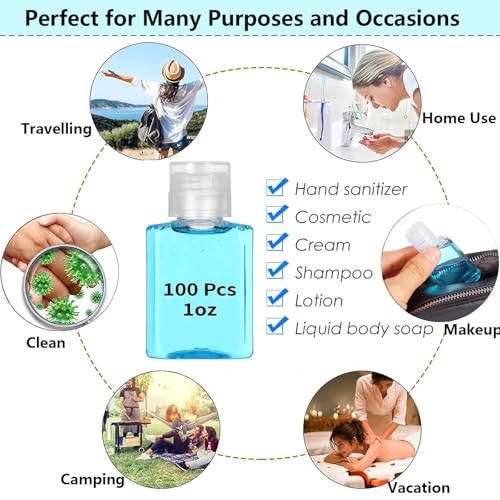 100PCS Plastic 1oz Travel Bottles, Mini Clear Travel Shampoo Bottles with Flip Cap, Small Empty Hand Sanitizer Bottle Refillable Cosmetic Containers, Portable 1oz Bottle for Body Lotion Soap Liquid3