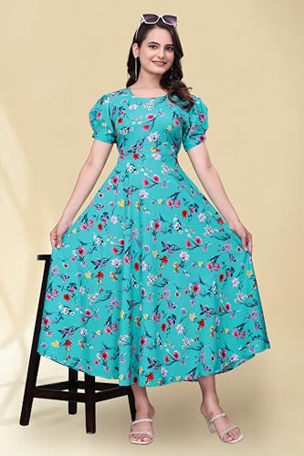 Image of Women's A-Line Crepe Maxi Dress | Stylish Fit and Flare Dress with Round Neck Short Puff Sleeves for Casual Wear