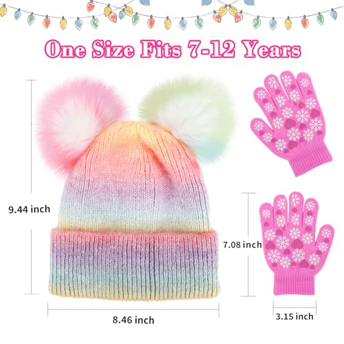 Girls Knit Beanie Hat and Glove Set Tie Dye Rainbow Pom Pom Beanies for Kids Winter Snow Ski Hats Caps 7-12 Years4