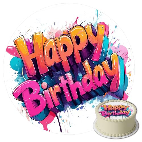 J&M DECO Tortenaufleger Happy Birthday – essbare Kuchendeko Ø 20 cm – bunte Tortendekoration für Geburtstagstorte – Zuckerpapier Tortenbild – gebrauchsfertig – Made in EU