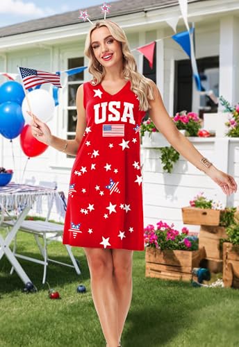 Image of Deerose Womens July 4th Sleeveless Dress American Flag Swim Cover Up Dress with Pockets