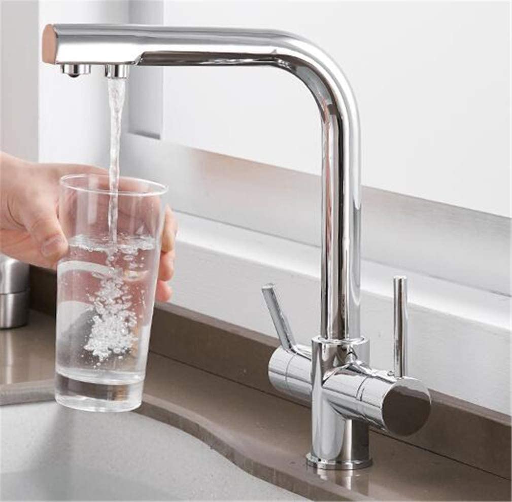 Robinet de cuisine en laiton massif avec filtre intégré, mitigeur 3 voies élégant chrome