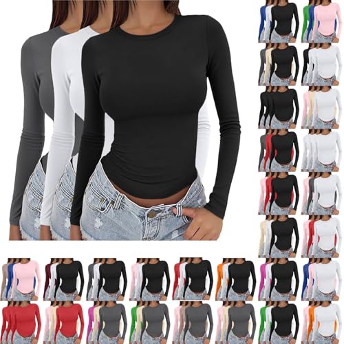 Juego de 3 camisetas básicas para mujer, camiseta interior corta, informal, manga larga, ajustada, elegante, básica, monocolor, cómoda, elástica, cálida, jersey de invierno, I, M
