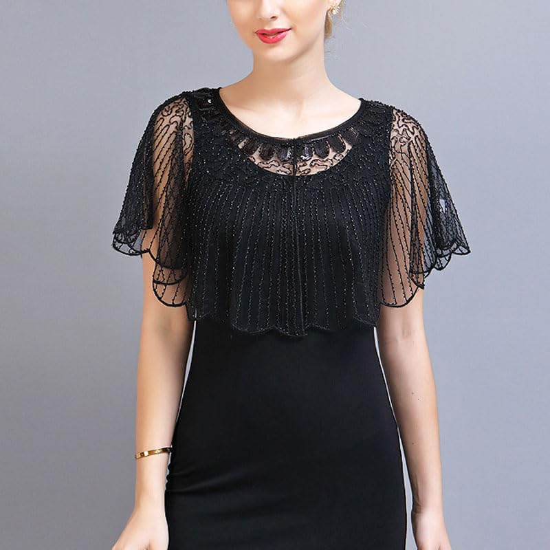 1Pcs Fashion Classic Lightweight Black Vintage Flapper Shawl Ruffles Beaded Embroidery Cape Sparkling Sequins Wrap for Dress Accessories4
