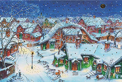 Besinnliche Weihnachtskarten 5 Stück Nostalgie Retro Weihnachten Grußkarten Goldprägung Kunstkarte Doppelkarte Winterdorf